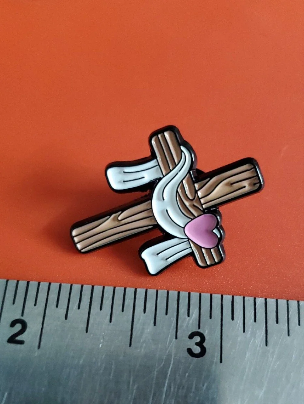 Cross Enamel Pin with Drape and Heart - Brown, White, Pink